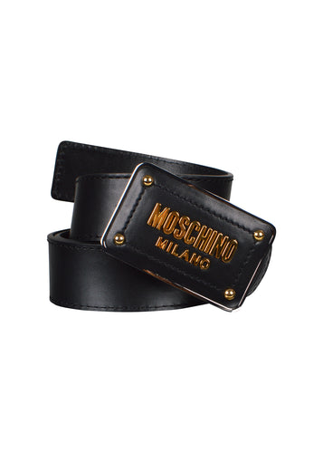 Moschino - Leather Belt With Iconic Gold Moschino Milano Buckle - 100031 - A80108001 - Black Gold