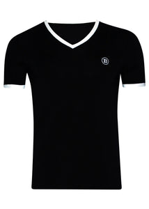 Balmain - Short Sleeve V Neck T-Shirt Iconic B Embroidered on Chest Balmain Paris Back - 099036 - Black